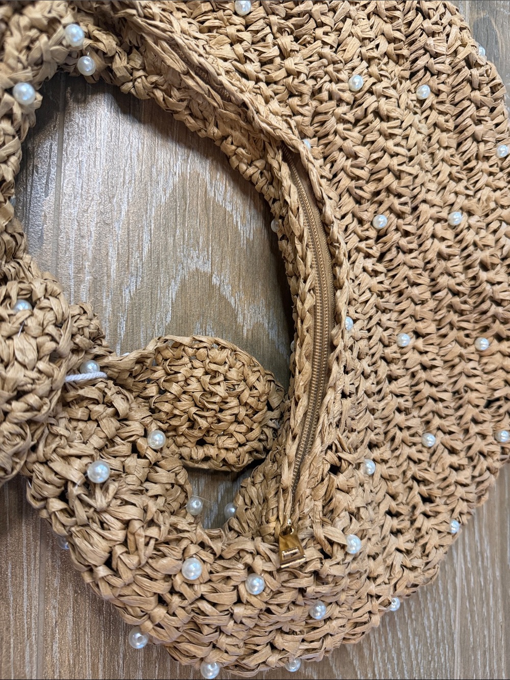 Haute Hippie Hand Bag Faux Pearls Natural Beige Straw Crescent Hobo Boho Coastal - Picture 5 of 9